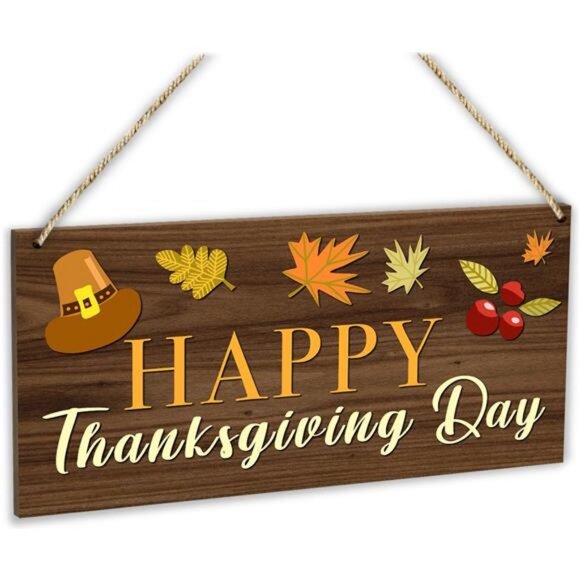 Maple Leaf Fall Happy Thanksgiving Day Hanging Sign Wooden Home Decor Plaque - Picture 1 of 6